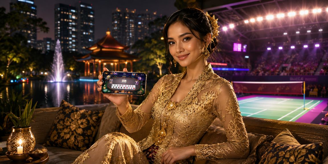 Suasana permainan kasino memusingkan kad dengan pakaian tradisional Malaysia yang cantik dan berwarna cerah